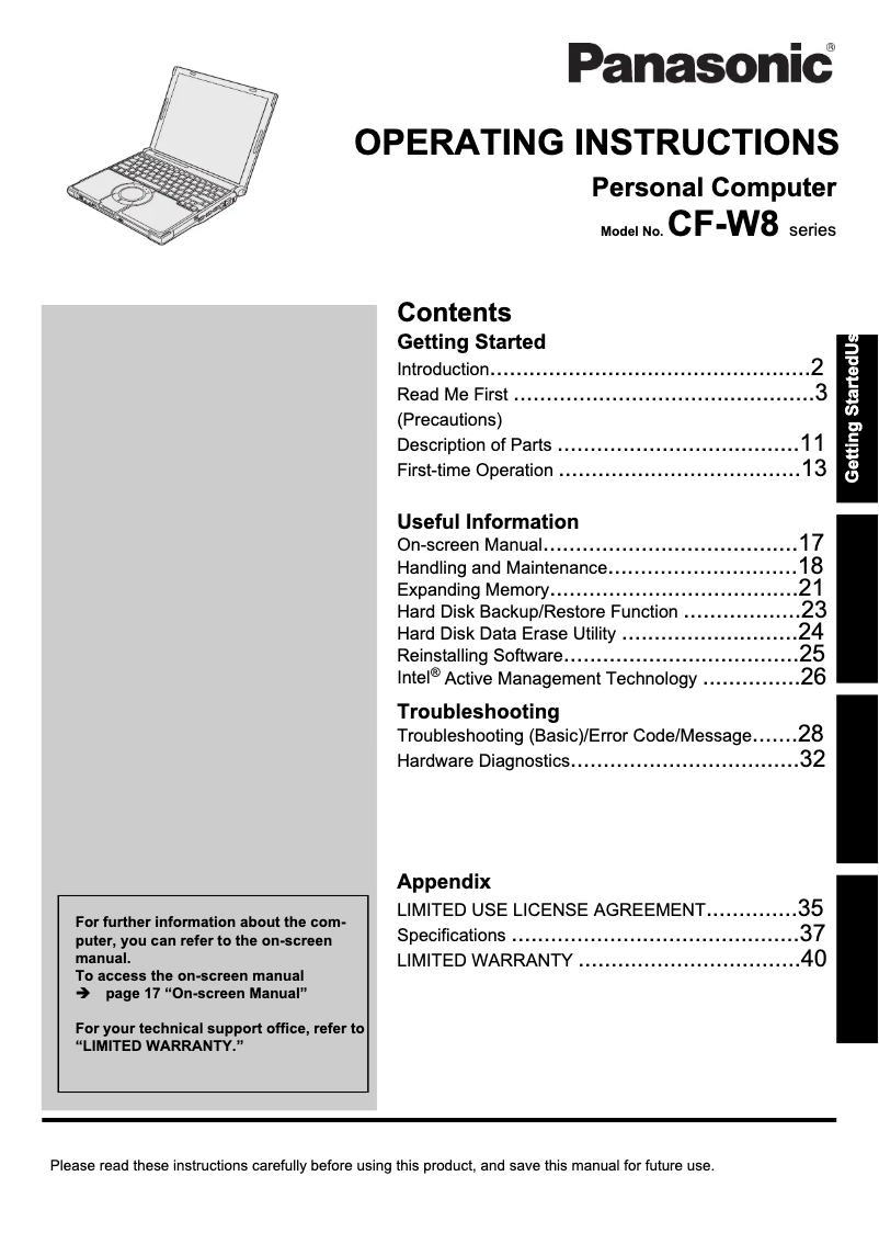 Page 1 de la notice Manuel utilisateur Panasonic Toughbook W8