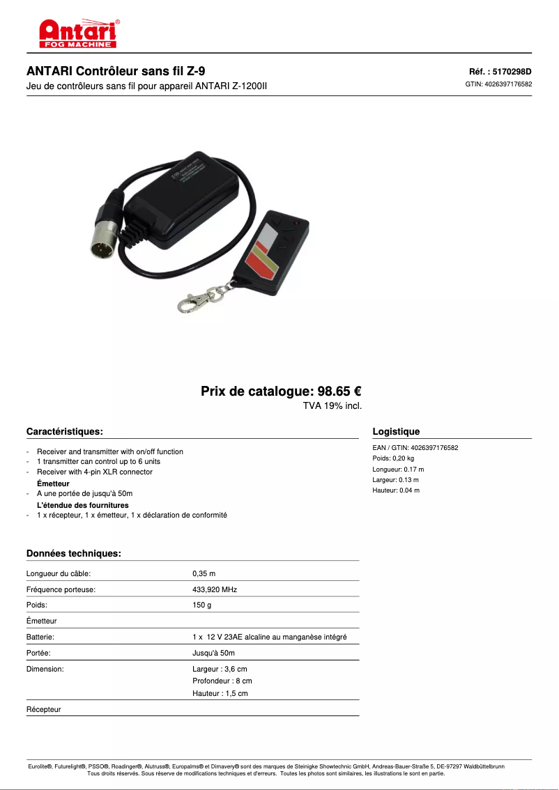 Page 1 de la notice Fiche technique Antari Z-9