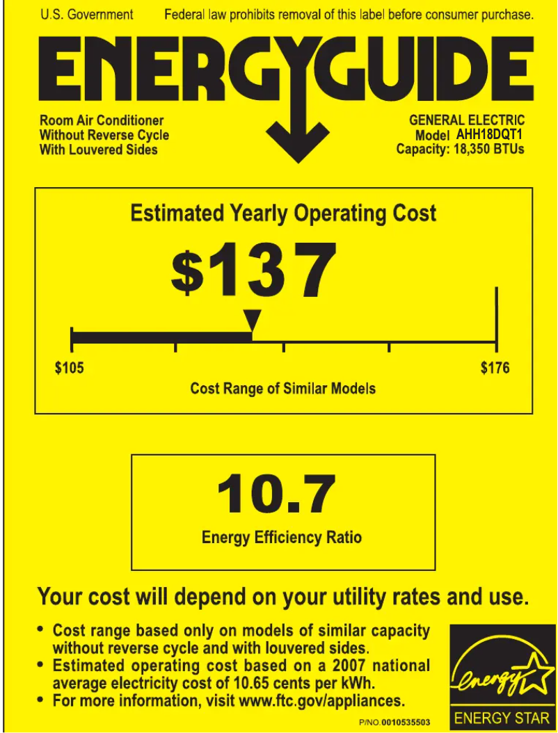 Page 1 de la notice Label énergétique GE AHH18DQ