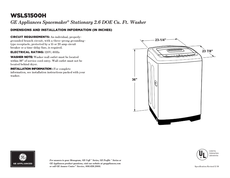 Page 1 of the manual Technical Sheet GE WSLS1500HWW