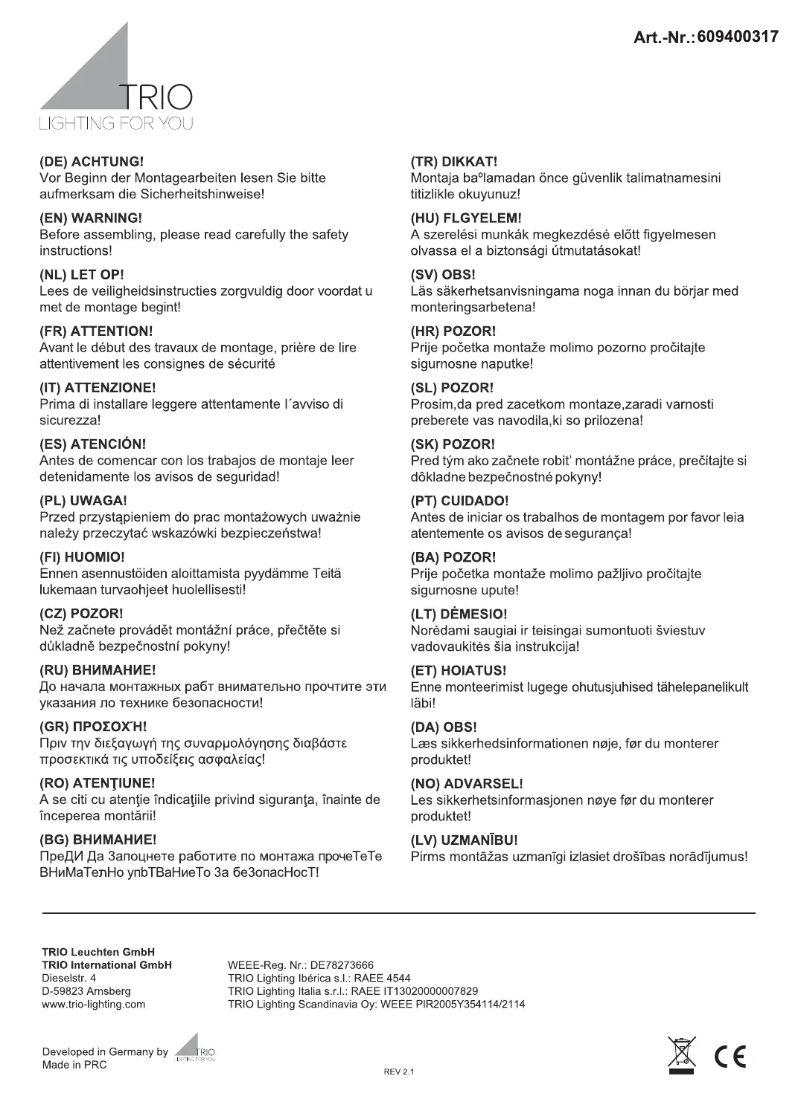 Page 1 de la notice Manuel utilisateur Trio Lighting Ibis 609400317