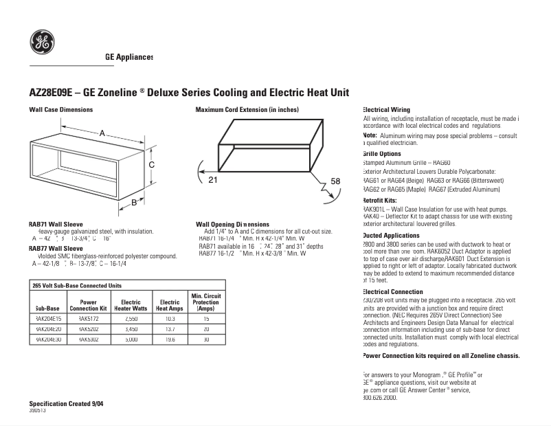 Page 1 de la notice Fiche technique GE AZ28E09EAB