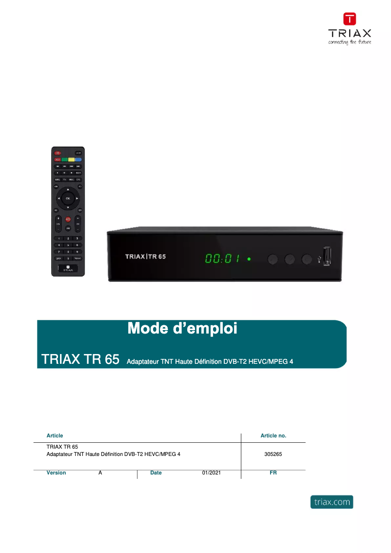 Page 1 de la notice Manuel utilisateur Triax TR 65