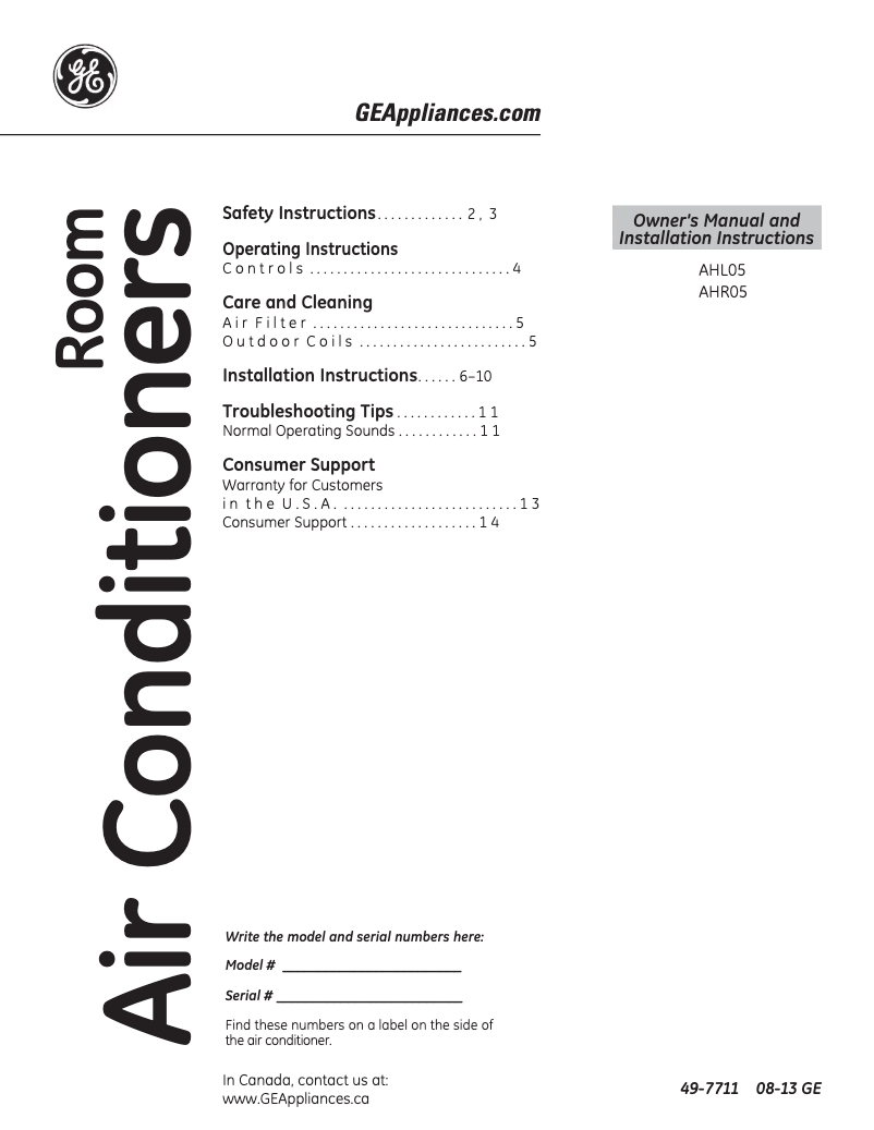 Página 1 del manual Manual de uso y mantenimiento GE AHR05LS