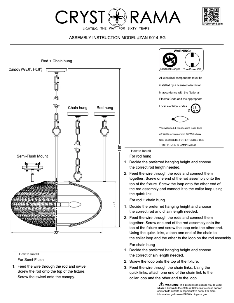 Page 1 de la notice Manuel utilisateur Crystorama Zanzibar ZAN-9014-SG