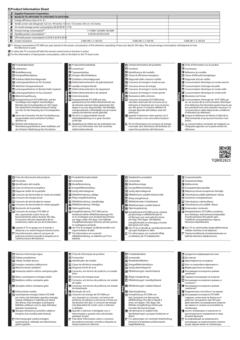 Page 1 de la notice Fiche technique Panasonic TX-55FX780E