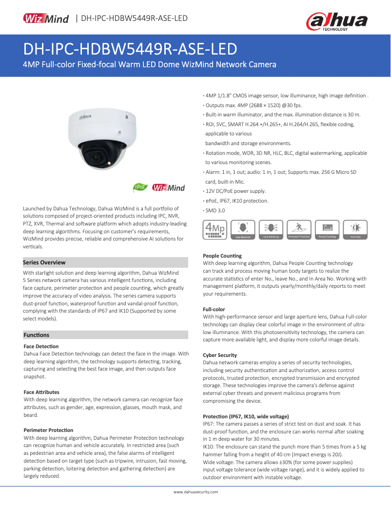 Page 1 de la notice Fiche technique Dahua Technology IPC-HDBW5449R-ASE-LED