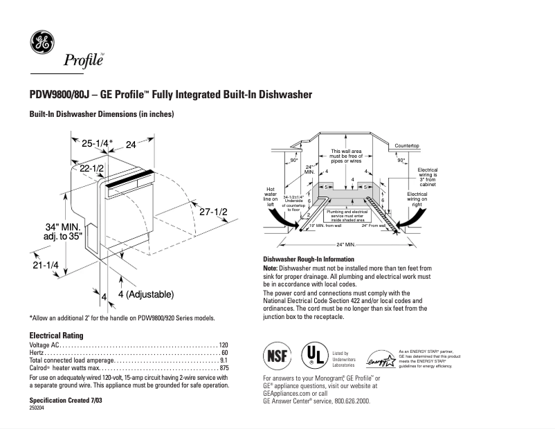 Página 1 del manual Ficha técnica GE PDW9880JSS