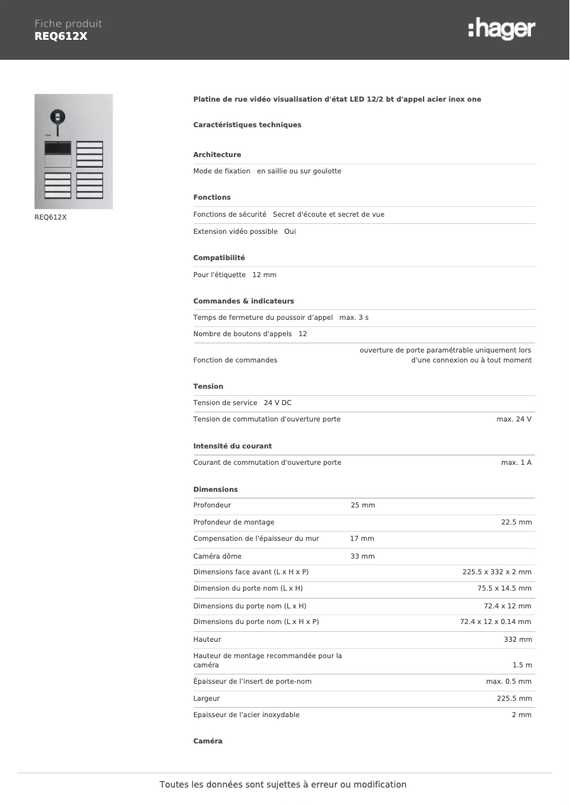 Page 1 de la notice Fiche technique Hager REQ612X