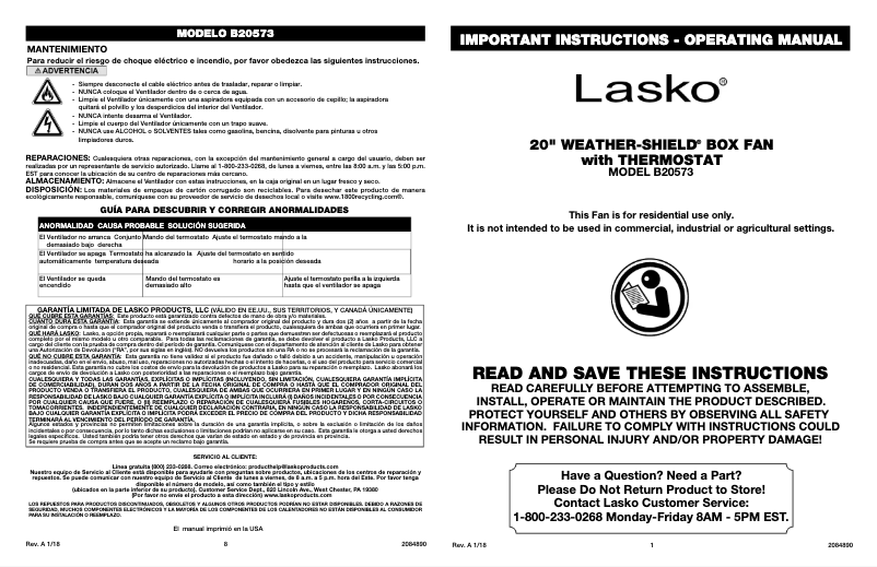 Page 1 of the manual User Manual Lasko Weather-Shield Select B20573