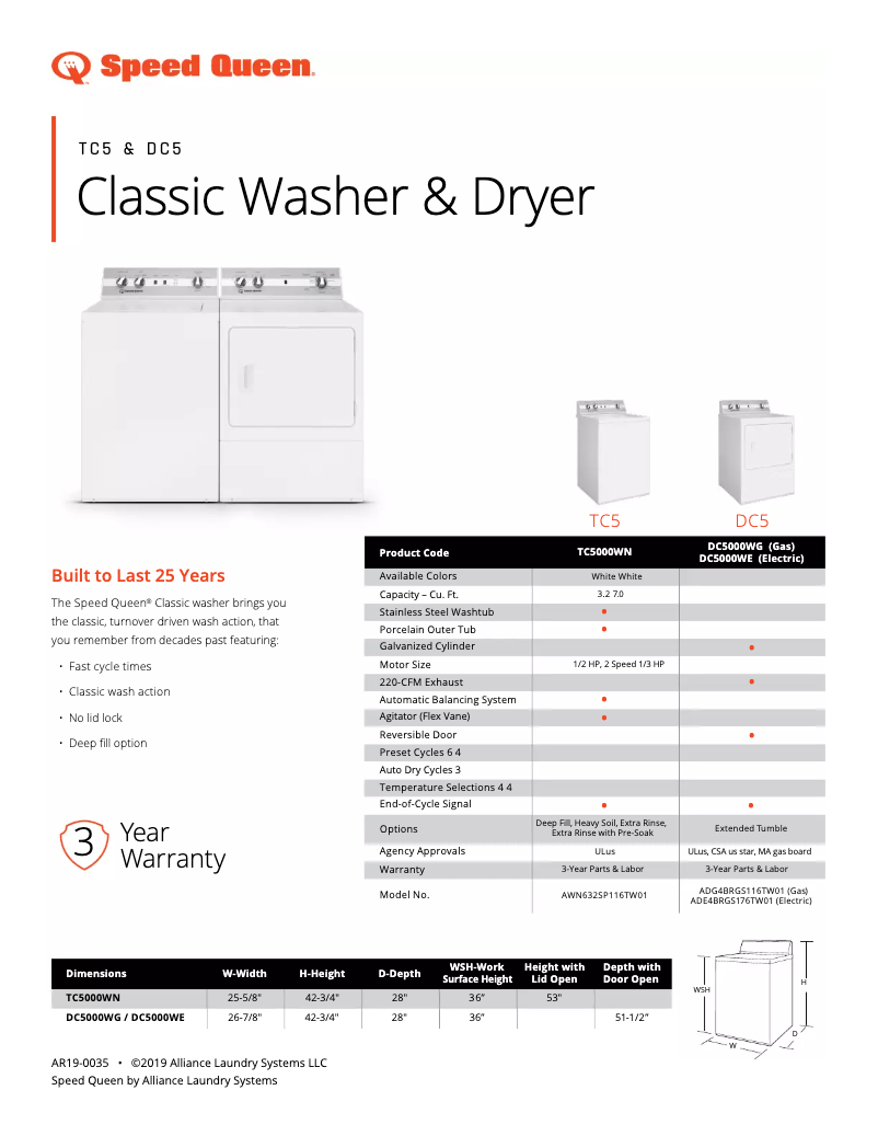 Página 1 del manual Ficha técnica Speed Queen ADE3SRGS175TW01