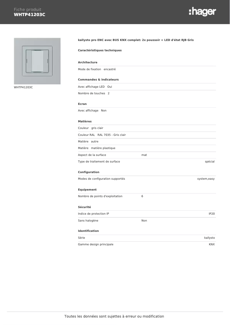 Page 1 of the manual Technical Sheet Hager WHTP41203C