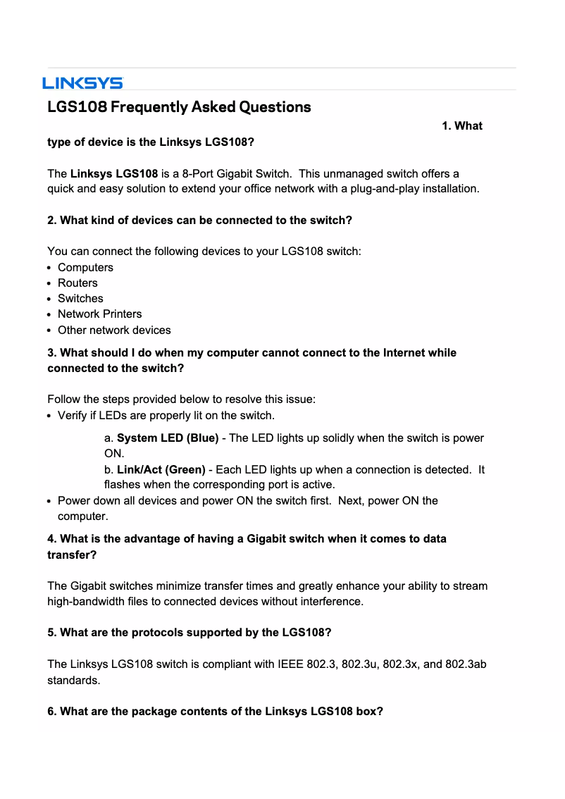 Page 1 de la notice Manuel utilisateur Linksys LGS108
