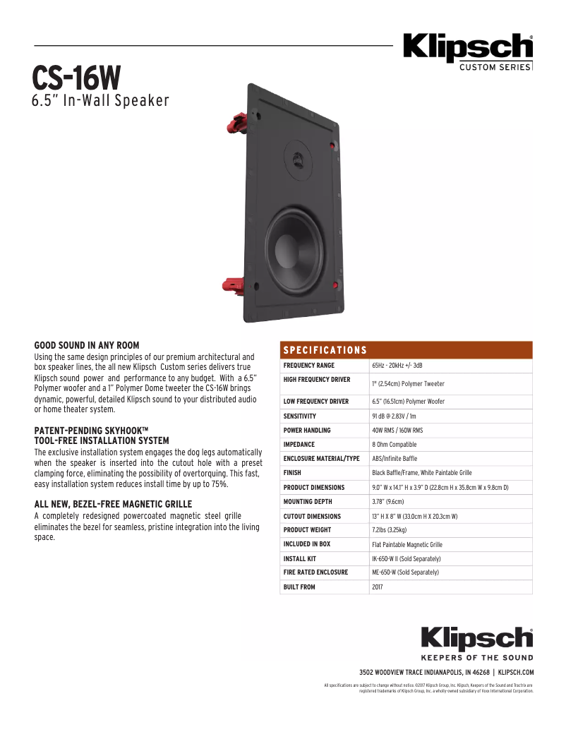 Page 1 de la notice Fiche technique Klipsch CS-16W