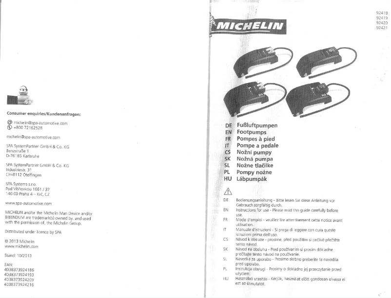 Page 1 de la notice Manuel utilisateur Michelin 92420