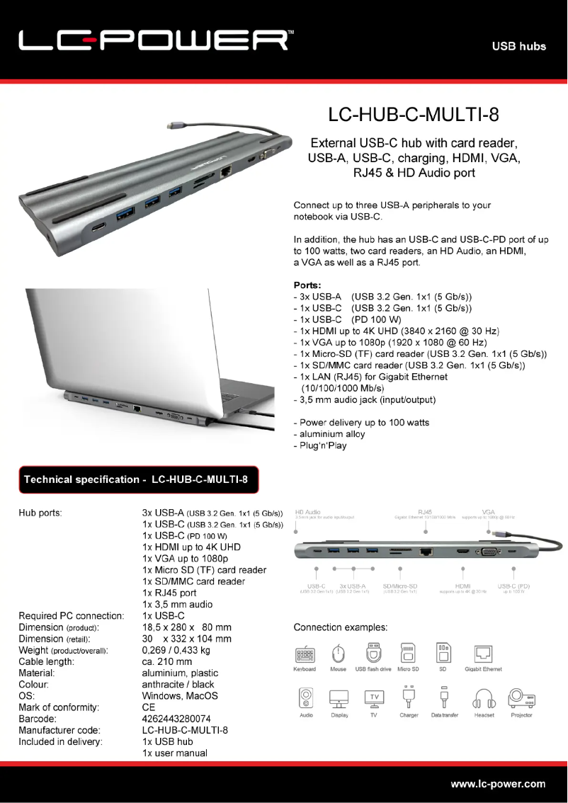 Page 1 de la notice Fiche technique LC-Power LC-HUB-C-MULTI-8