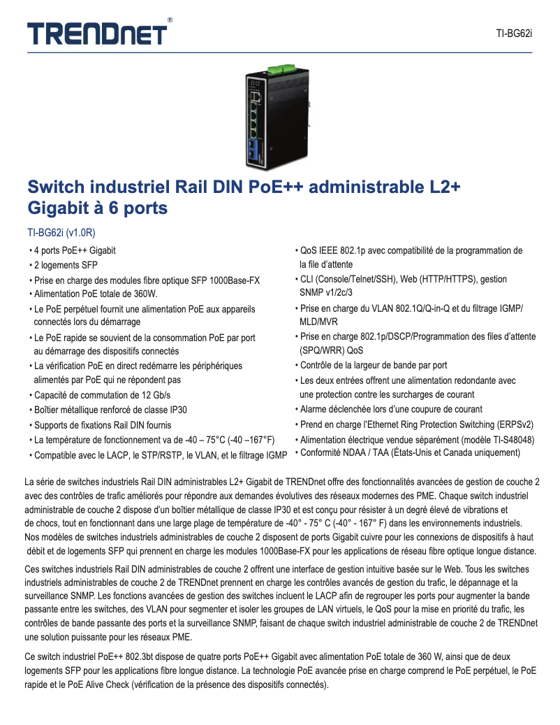 Page 1 de la notice Fiche technique TRENDnet TI-BG62i