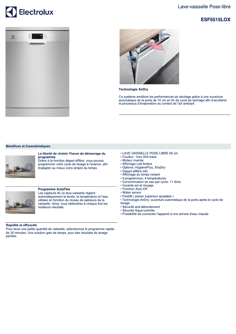 Página 1 del manual Ficha técnica Electrolux ESF5515LOX