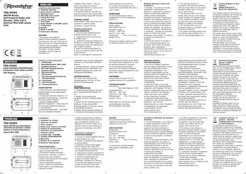 Page 1 de la notice Manuel utilisateur Roadstar TRA-500DS