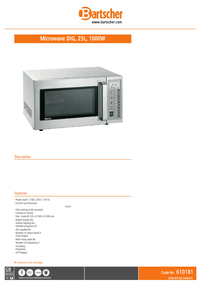 Página 1 del manual Ficha técnica Bartscher 610182