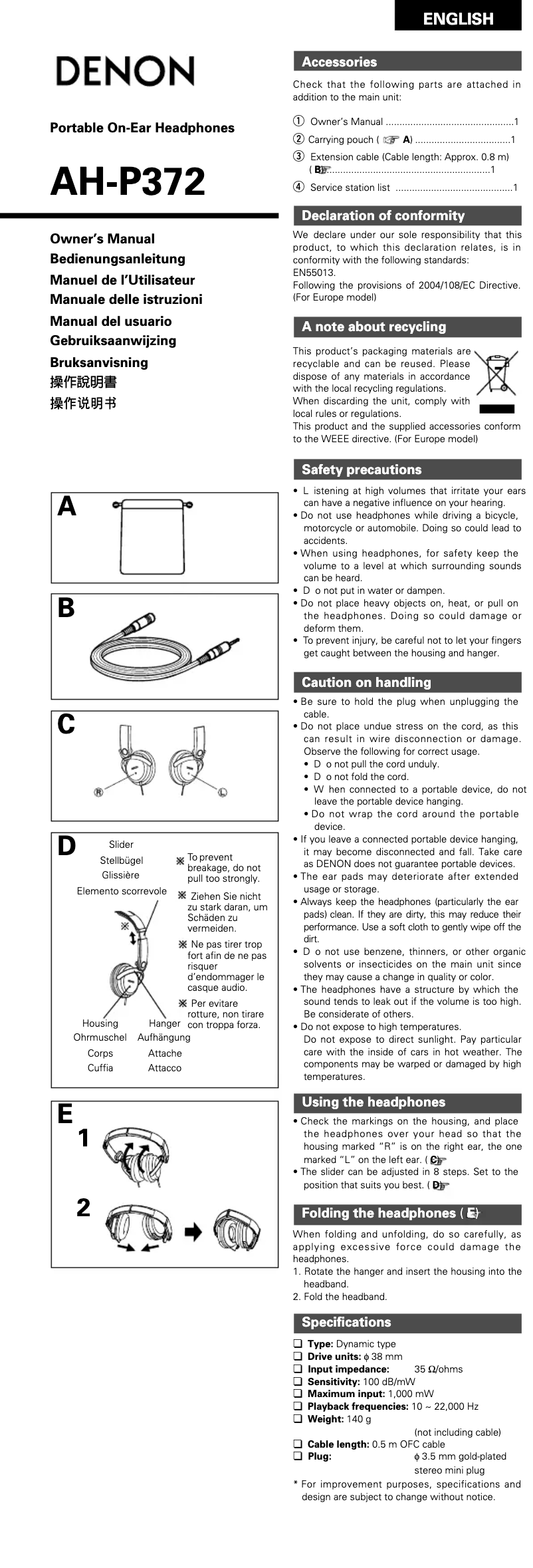 Página 1 del manual Manual de usuario Denon AH-P372W