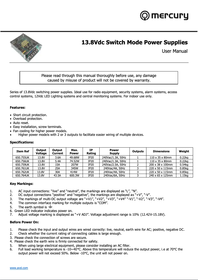 Page 1 de la notice Manuel utilisateur Mercury DC1260UK