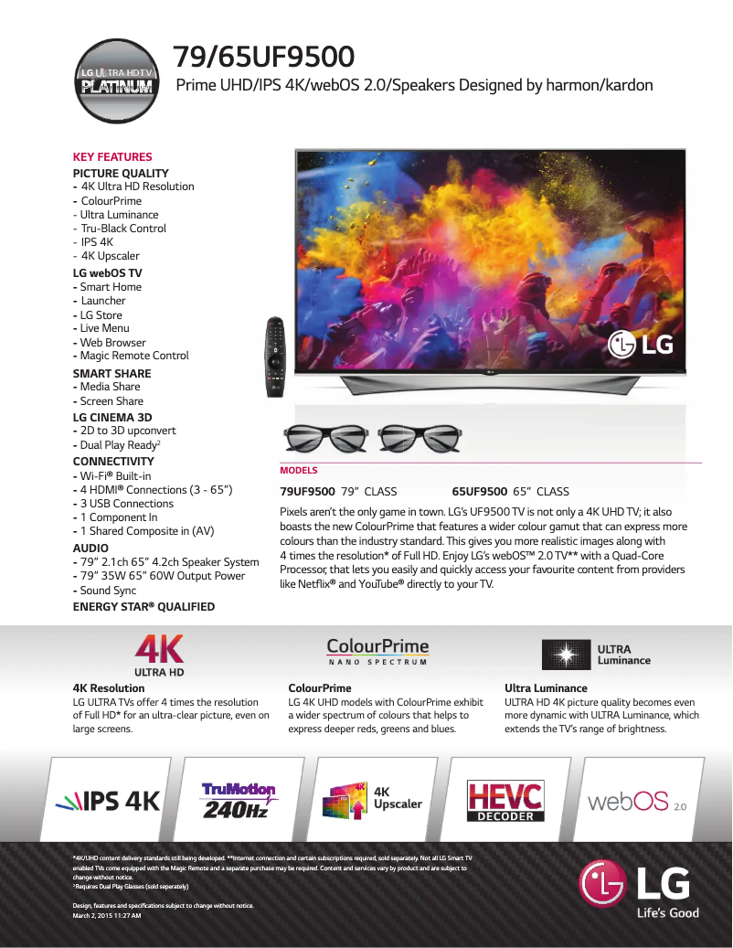 Page 1 de la notice Fiche technique LG 65UF9500