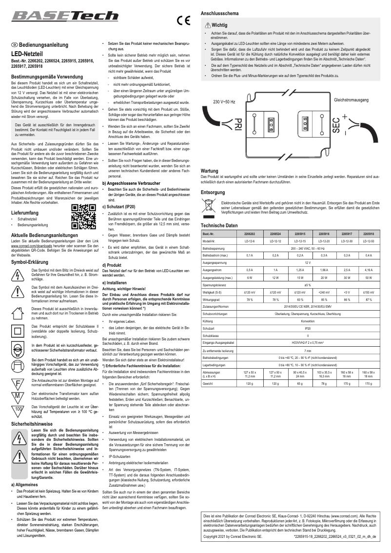 Page 1 de la notice Manuel utilisateur BaseTech LD-12-6