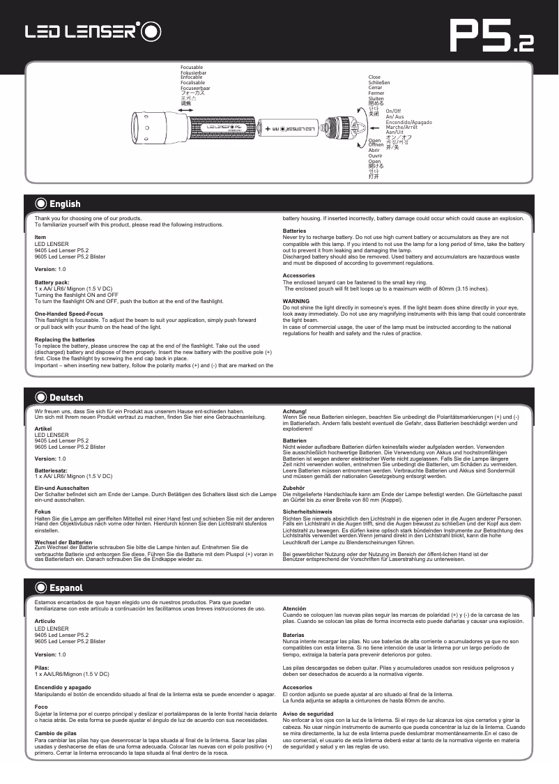 Page 1 de la notice Manuel utilisateur Ledlenser P5 Speed Focus