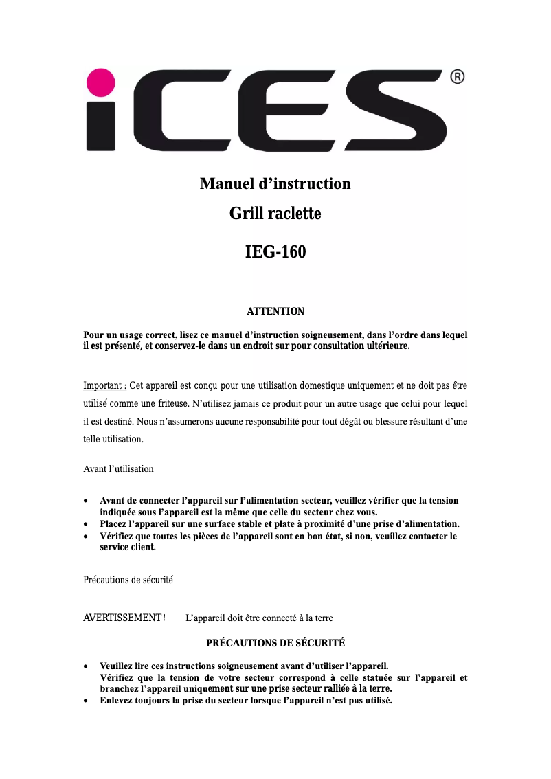 Page 1 de la notice Manuel utilisateur Ices IEG-160