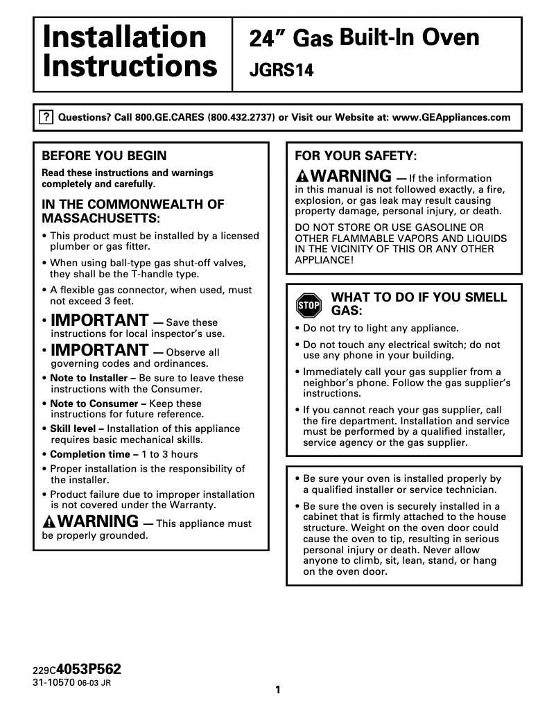 Página 1 del manual Guía de instalación GE JGRS14BEWBB