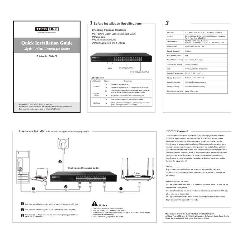Page 1 de la notice Manuel utilisateur Totolink SW24G2
