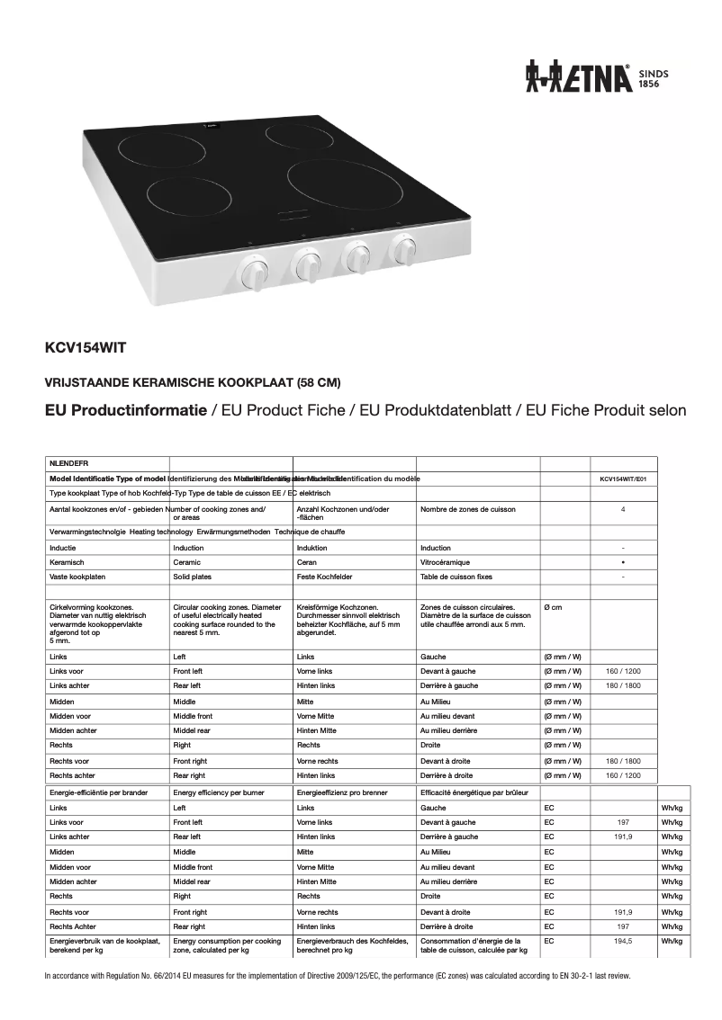 Page 1 de la notice Fiche technique Etna KCV154WIT