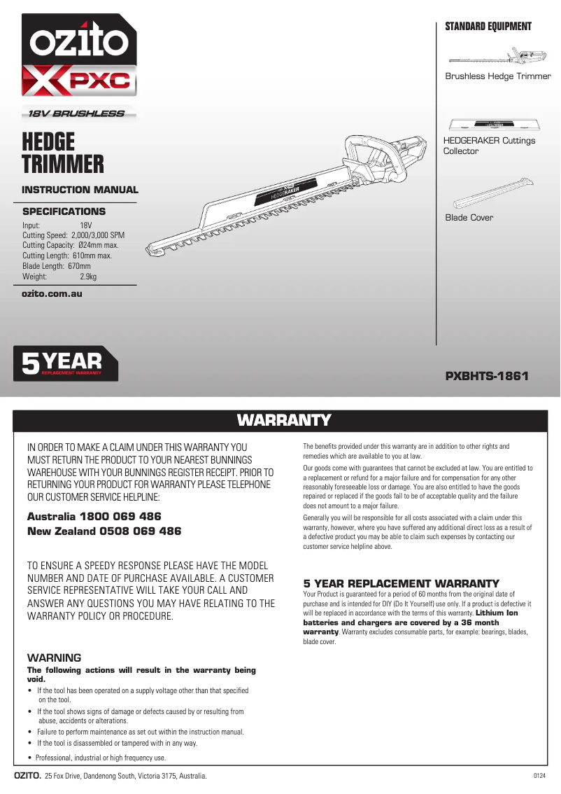 Page 1 de la notice Manuel utilisateur Ozito PXBHTS-1861