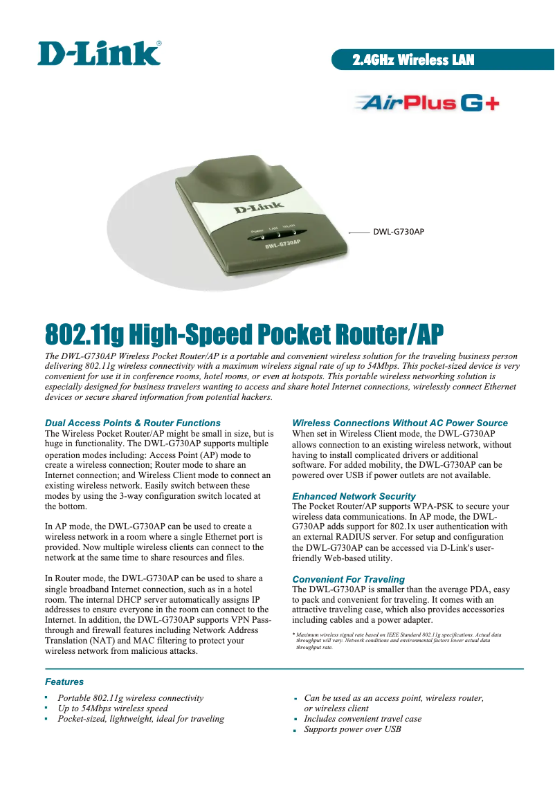 Page 1 de la notice Fiche technique D-Link DWL-G730AP