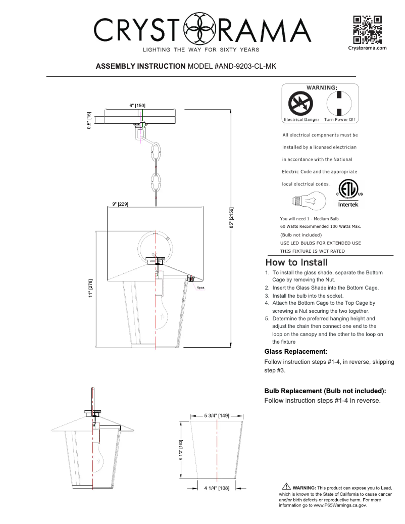 Page 1 de la notice Manuel utilisateur Crystorama Andover AND-9203-CL-MK