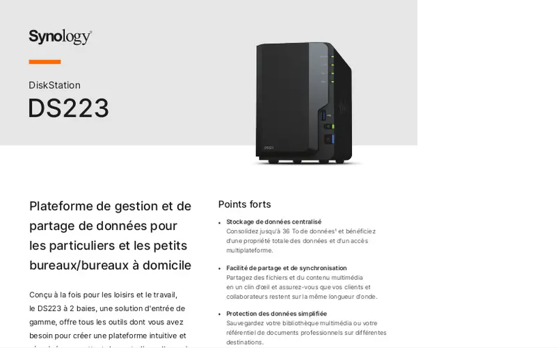 Page 1 de la notice Fiche technique Synology DiskStation DS223