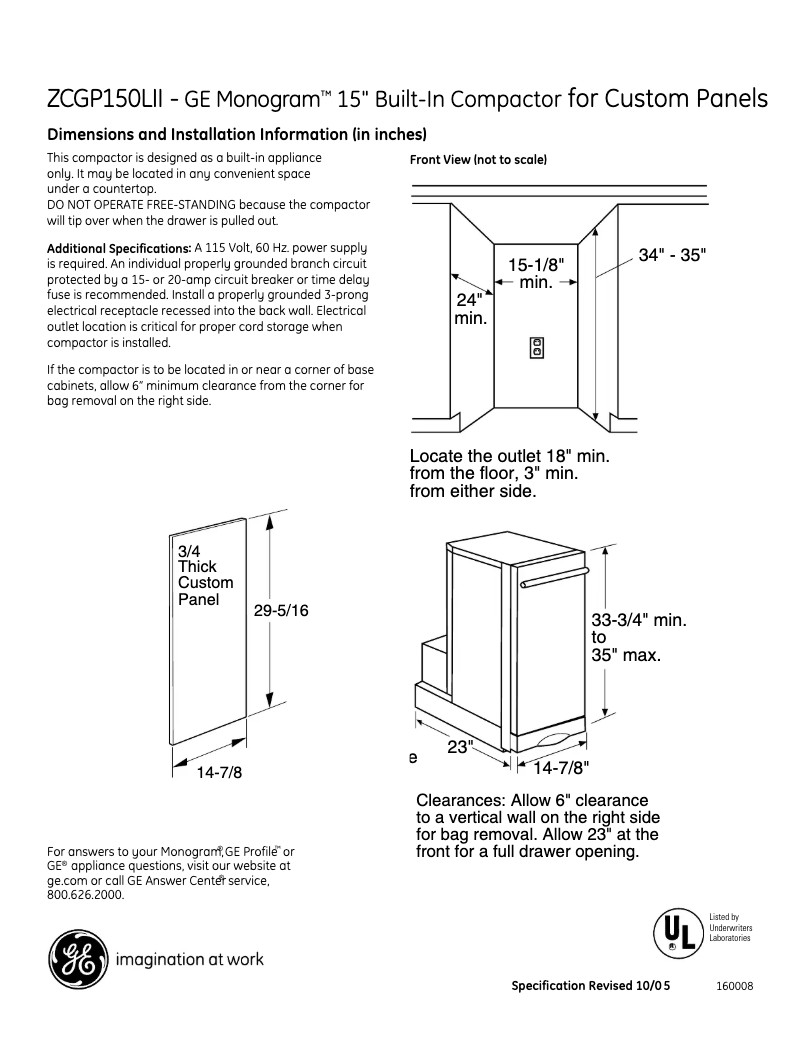 Page 1 de la notice Fiche technique GE ZCGP150LII
