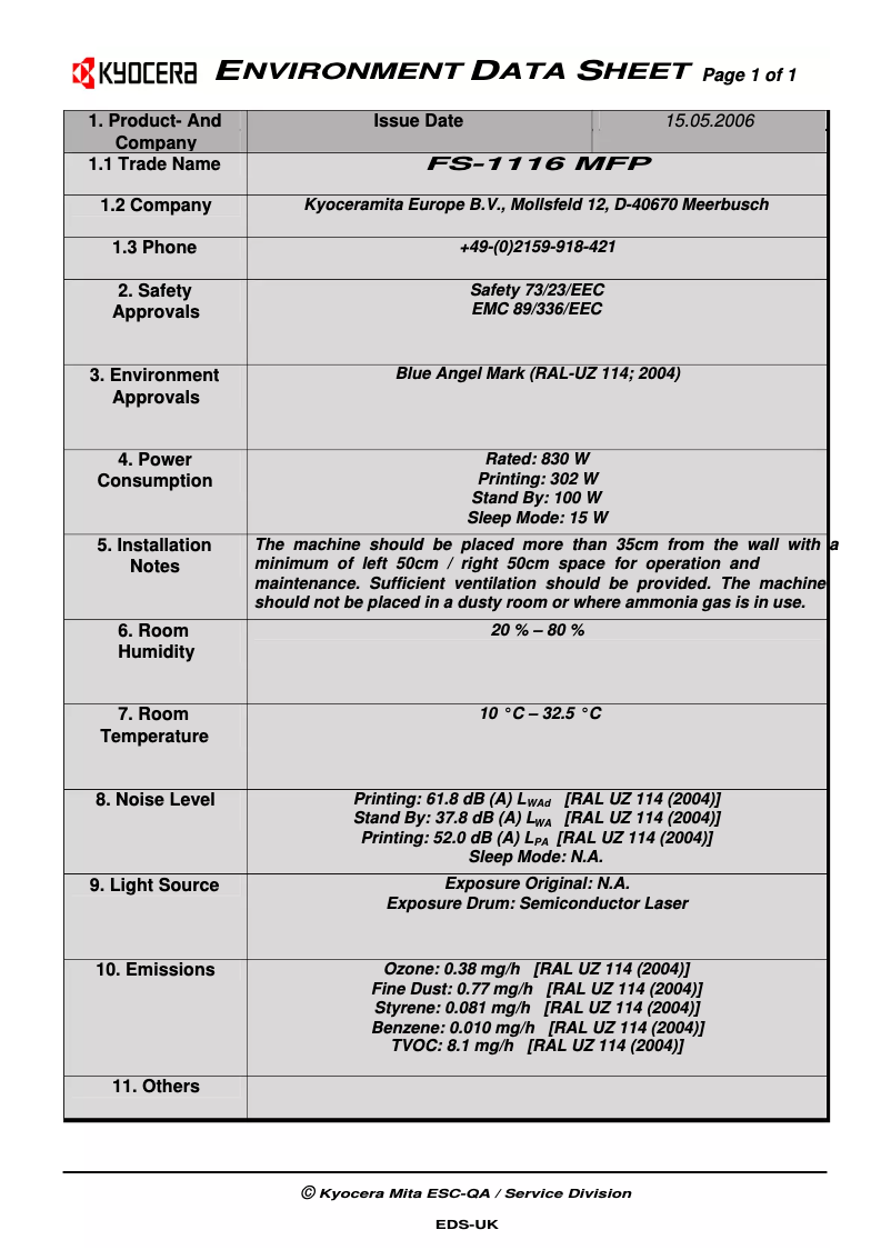 Page 1 de la notice Fiche technique Kyocera FS-1116MFP