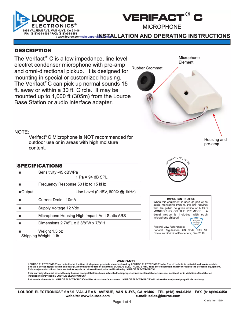 Page 1 of the manual User Manual Louroe Electronics Verifact C