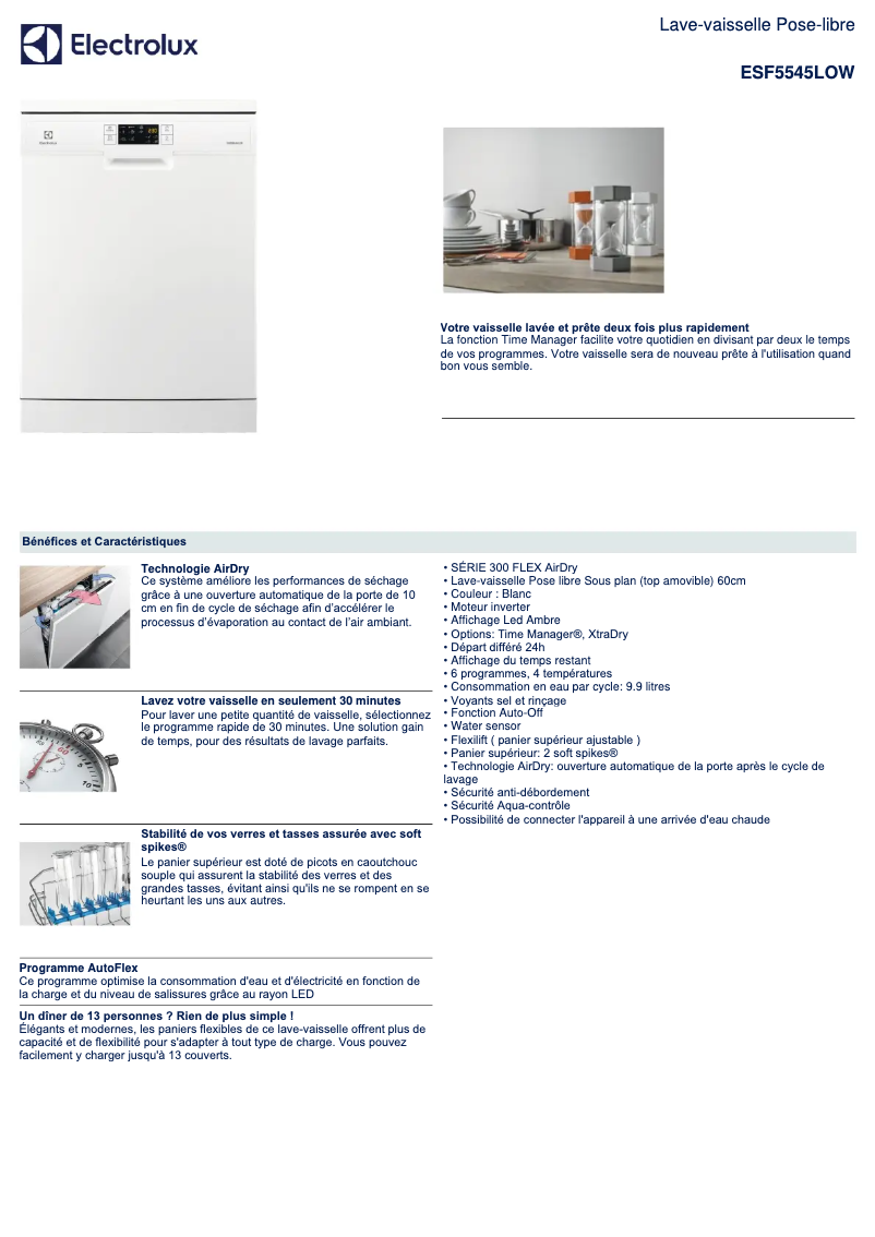 Page 1 de la notice Fiche technique Electrolux ESF5545LOW
