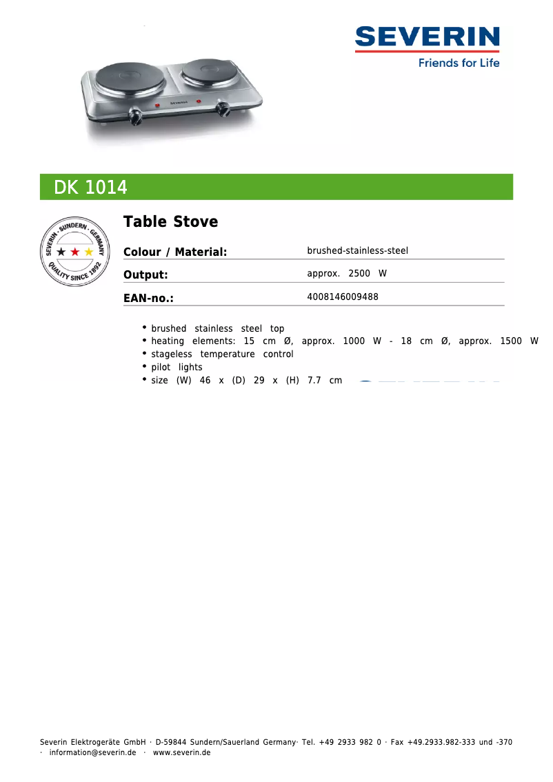 Page 1 de la notice Fiche technique Severin DK 1014