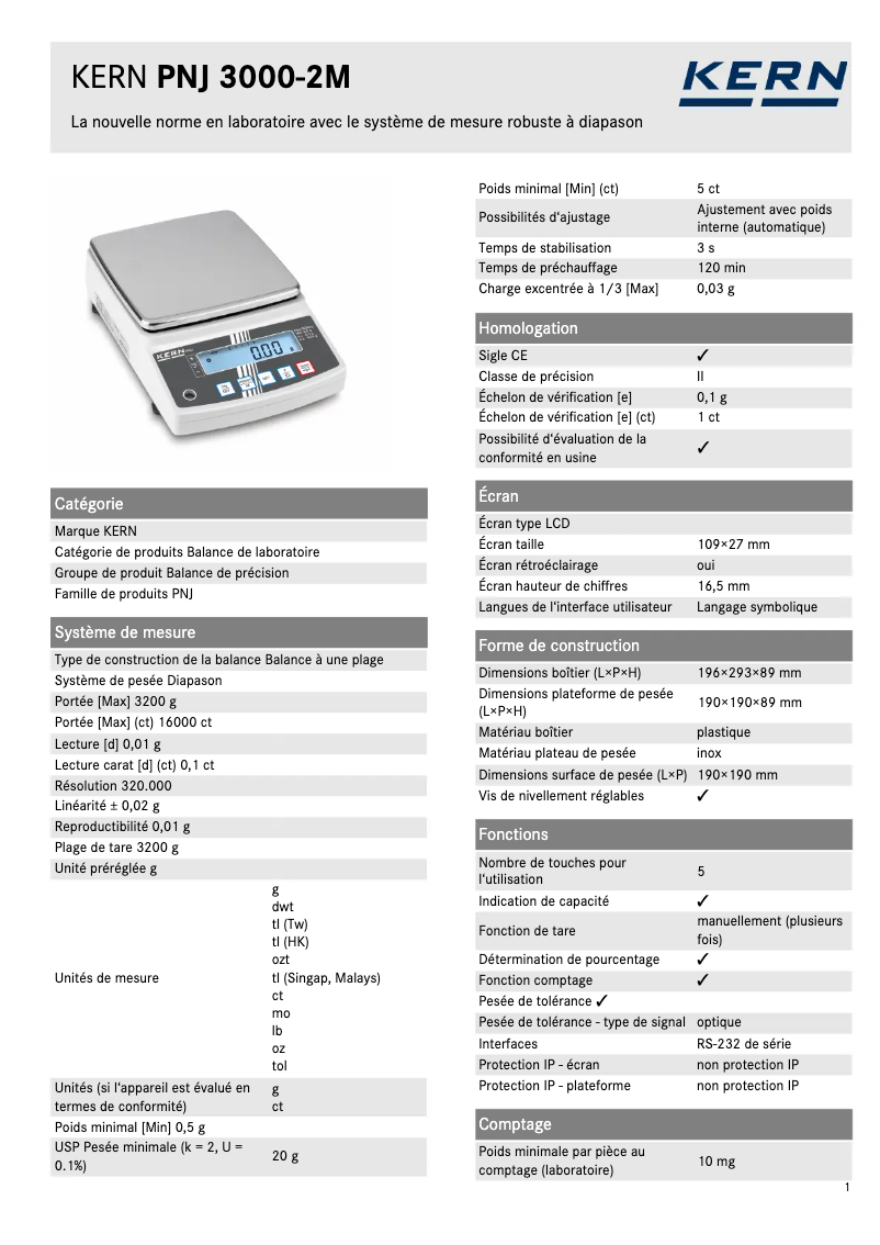 Page 1 de la notice Fiche technique Kern PNJ 3000-2M