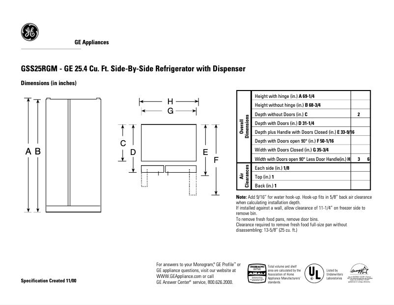 Page 1 de la notice Fiche technique GE GSS25RGMCC