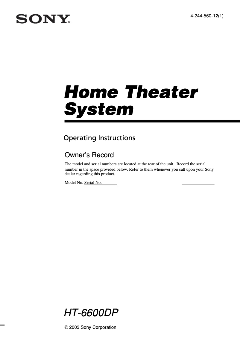 Page 1 de la notice Manuel utilisateur Sony HT-6600DP