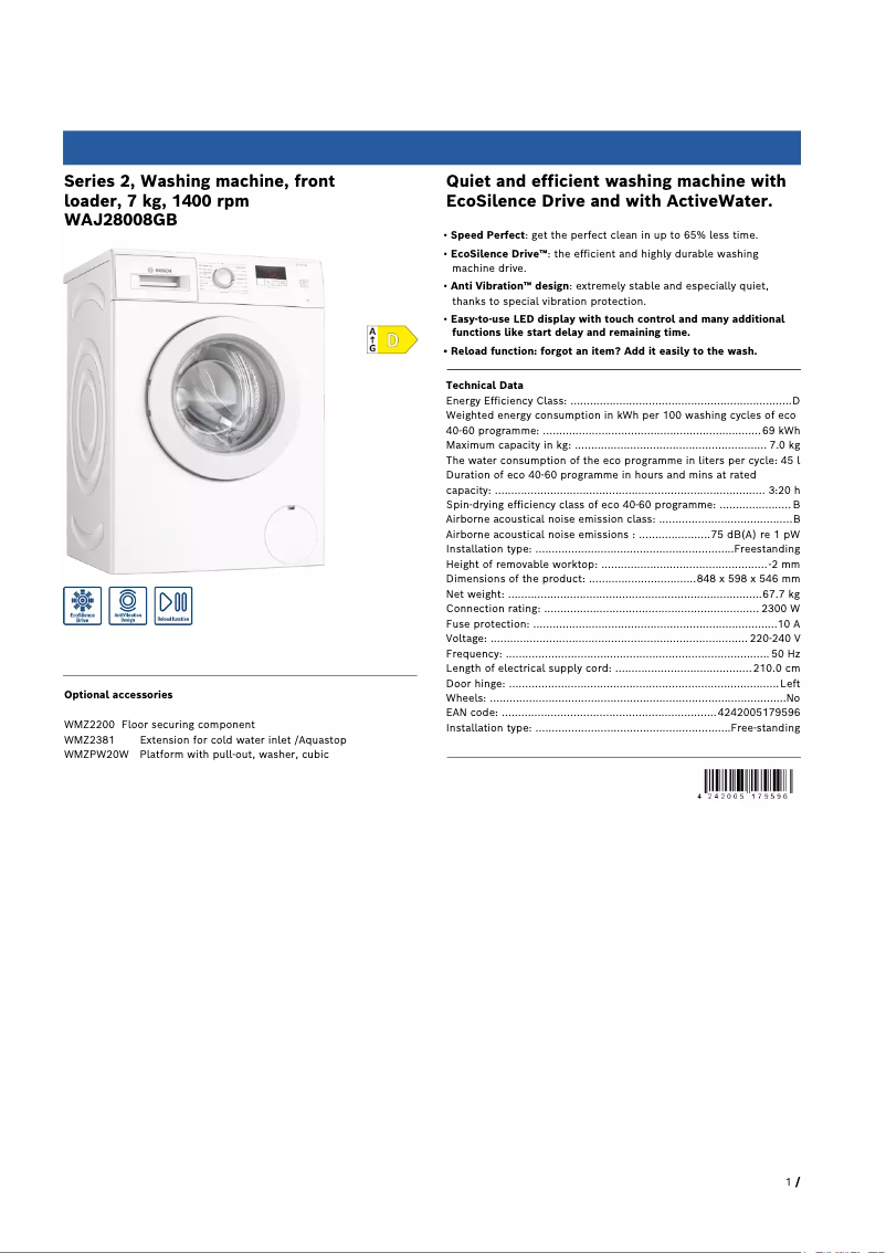 Page 1 de la notice Fiche technique Bosch Serie 2 WAJ28008GB