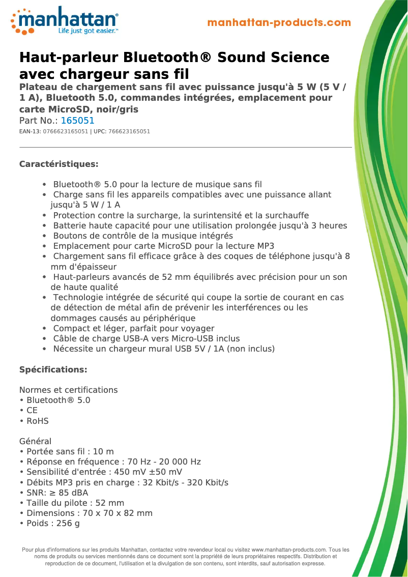 Page 1 de la notice Fiche technique Manhattan 165051