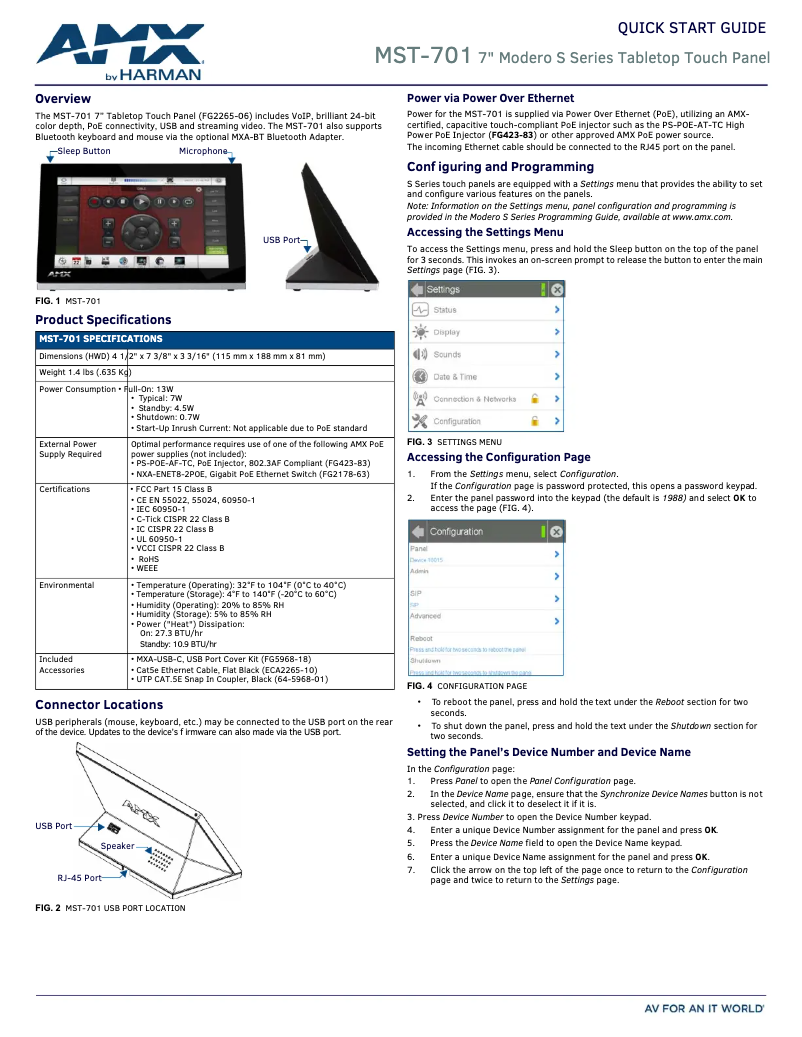 Page 1 de la notice Guide de démarrage rapide AMX Modero MST-701