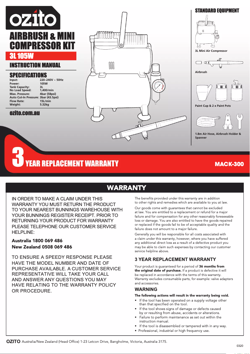 Page 1 de la notice Manuel utilisateur Ozito MACK-300