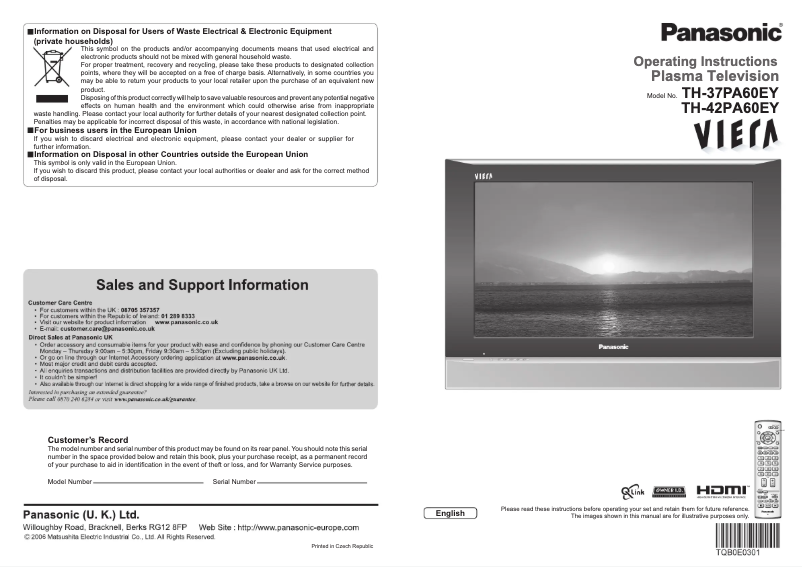 Page 1 of the manual User Manual Panasonic Viera TH-37PA60EY